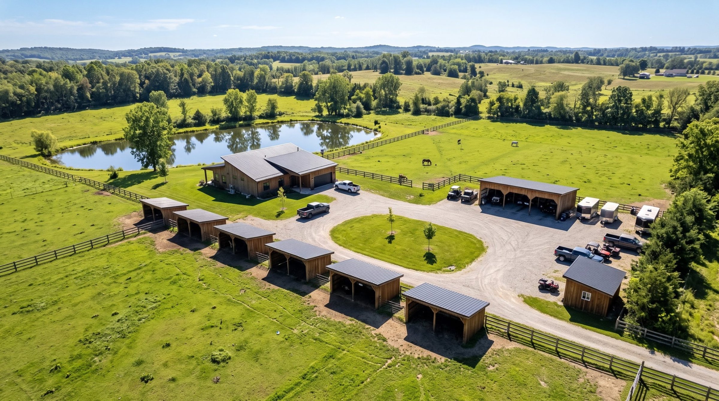 Aerial view of a multi-acre homestead with a pond, pasture, a custom home, a row of matching single-slope timber shelters, and an equipment shed.