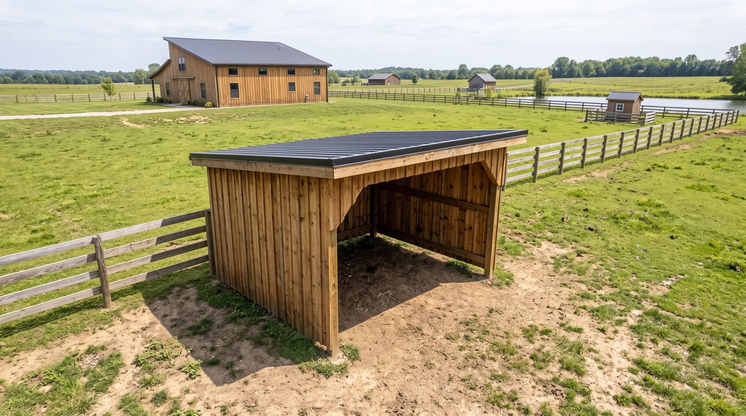 Single-slope timber horse shelter with a metal roof in a fenced pasture, a timber house and pond behind it.