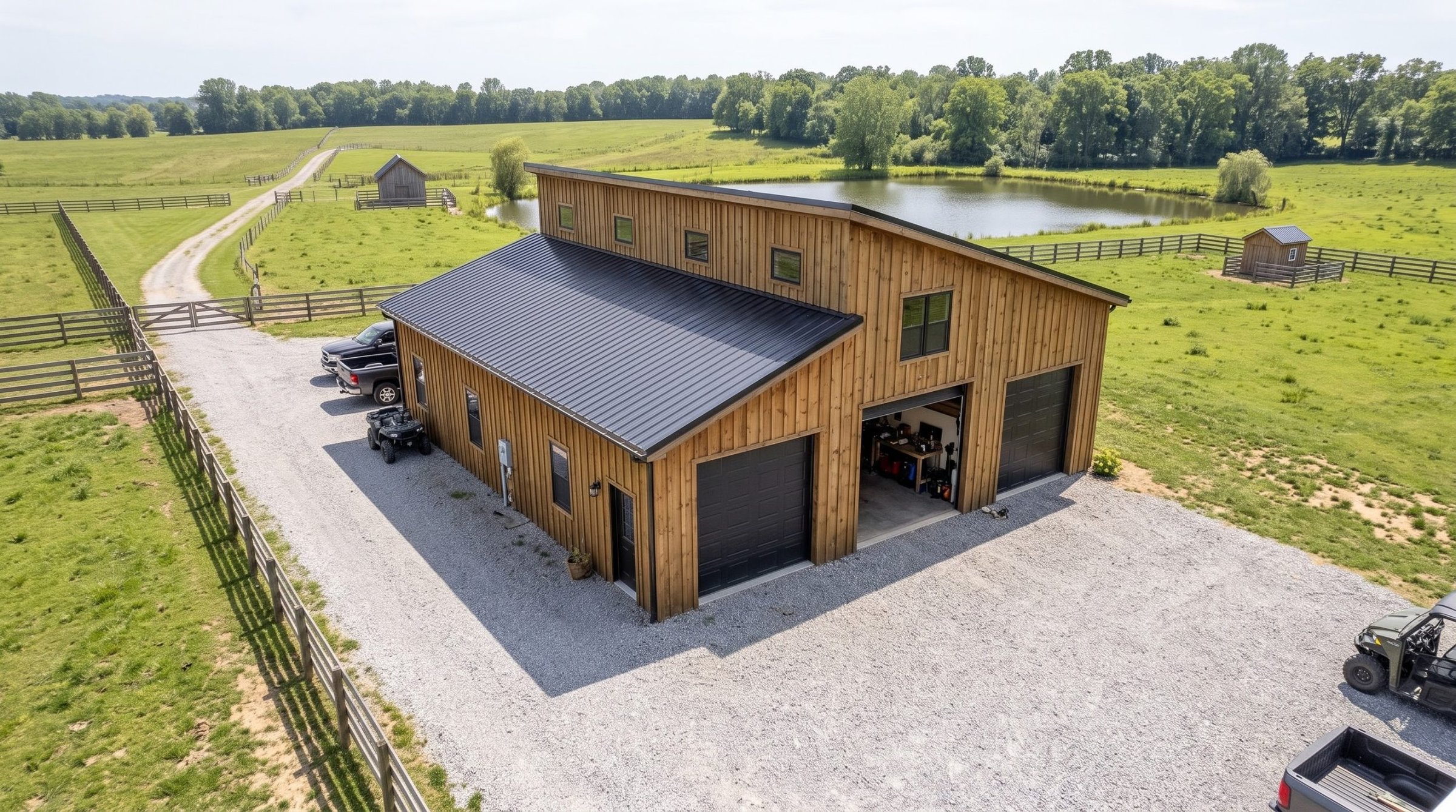 Single-slope timber workshop with three garage bays, a gravel drive, and a pond behind.